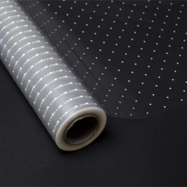 Bobina celofan transparente  topos blancos 70 Cmts. X 50 Mts.